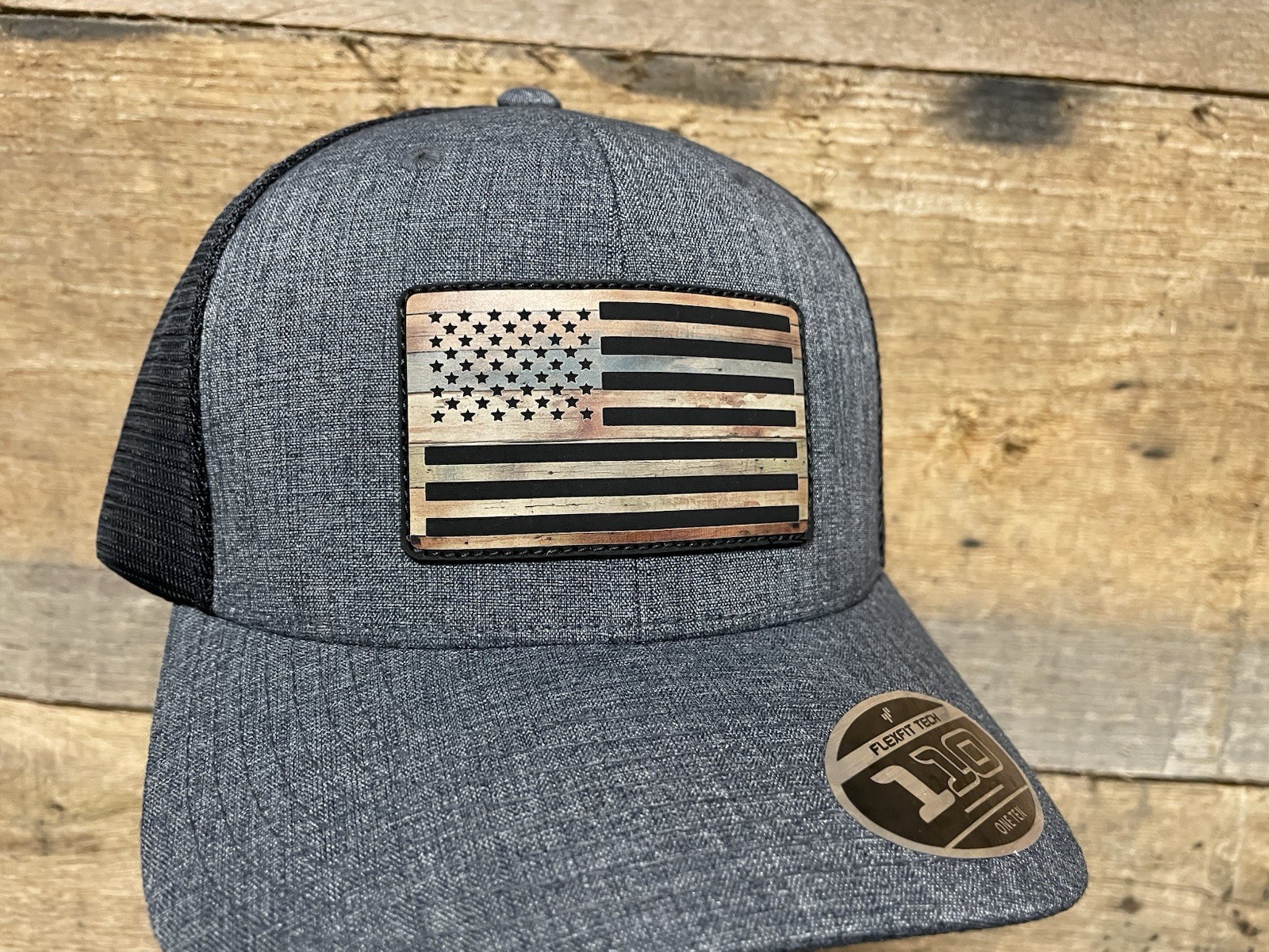 USA Flag Wood Grain- Grey Flexfit 110M SnapBack Trucker Hat