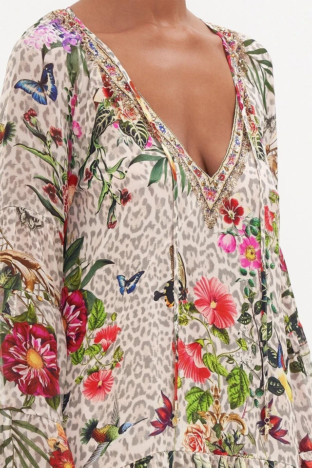 Camilla M/L 12 LEOS BOUQUET A-Line Gathered Panel Dress Short Silk Crystals $699