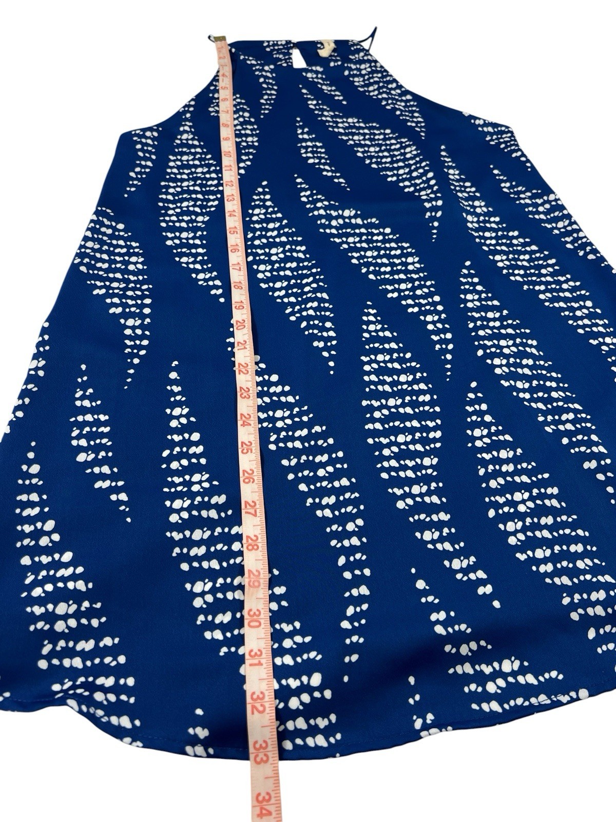 TYCHE blue/white leaf pattern halter shift mini dress size MEDIUM high neck EUC