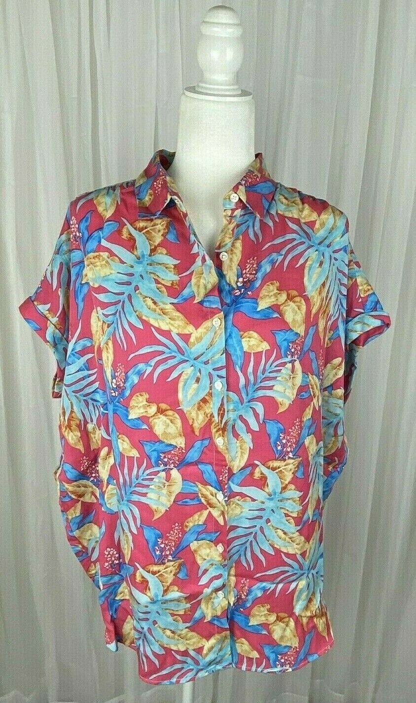J Mclaughlin Sz M Coral Tropical Leaf Print Short Sleeve Blouse New