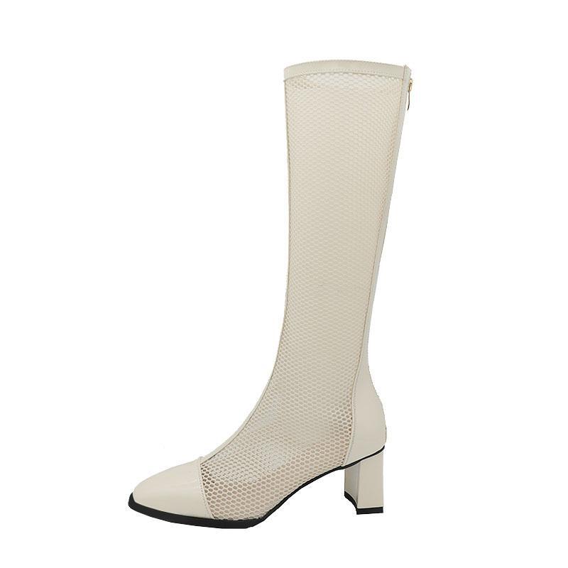 Mid Calf Boots Womens Block Heel Sandal Net Mesh Hollow Out Shoes Plus Size Lady