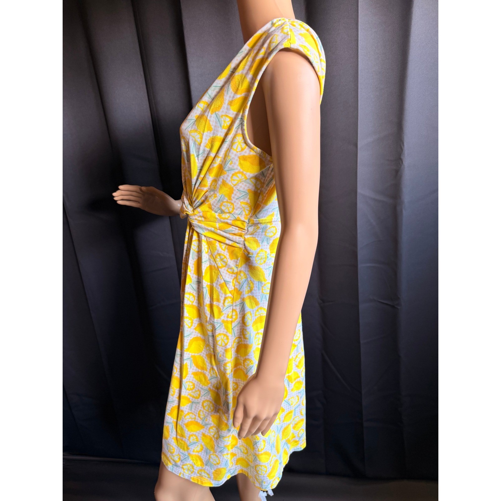 Lands End Yellow Lemon Print Faux Wrap Dress Size MP Sleeveless Gingham Tropical