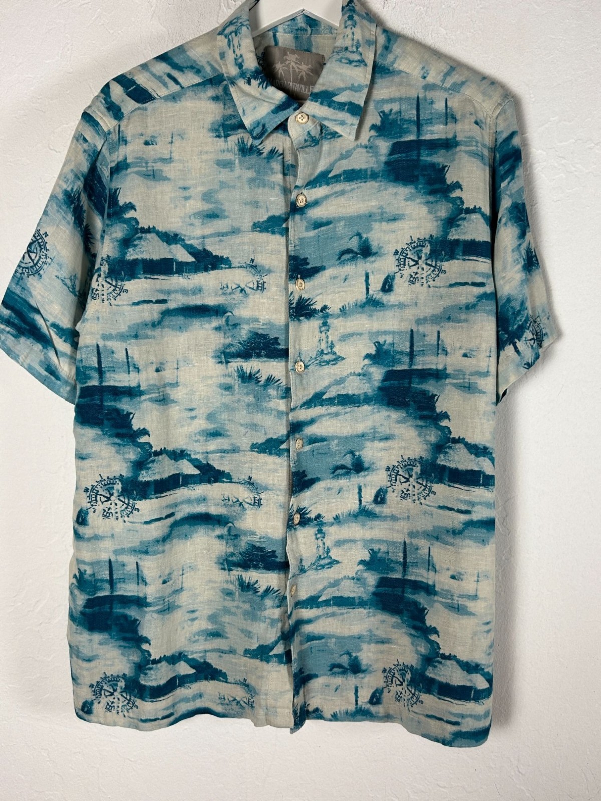Margaritaville Silk Linen Camp Shirt Mens Large Teal Nautical Compass Hawaiian