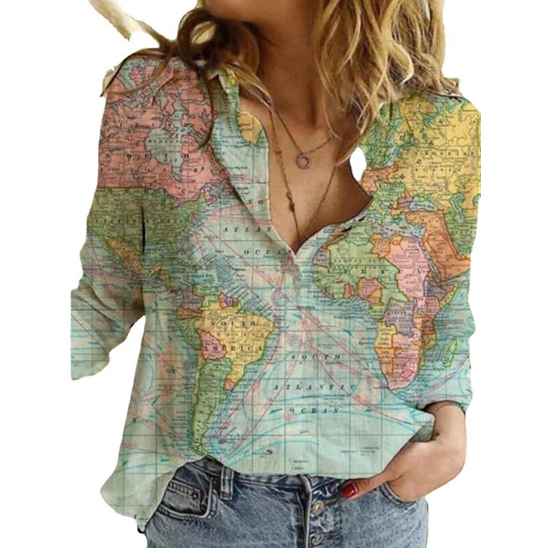 Women’s Plain Shirt Ladies Map Print Baggy Long Sleeve V Neck Tops Blouse Tee ⇓