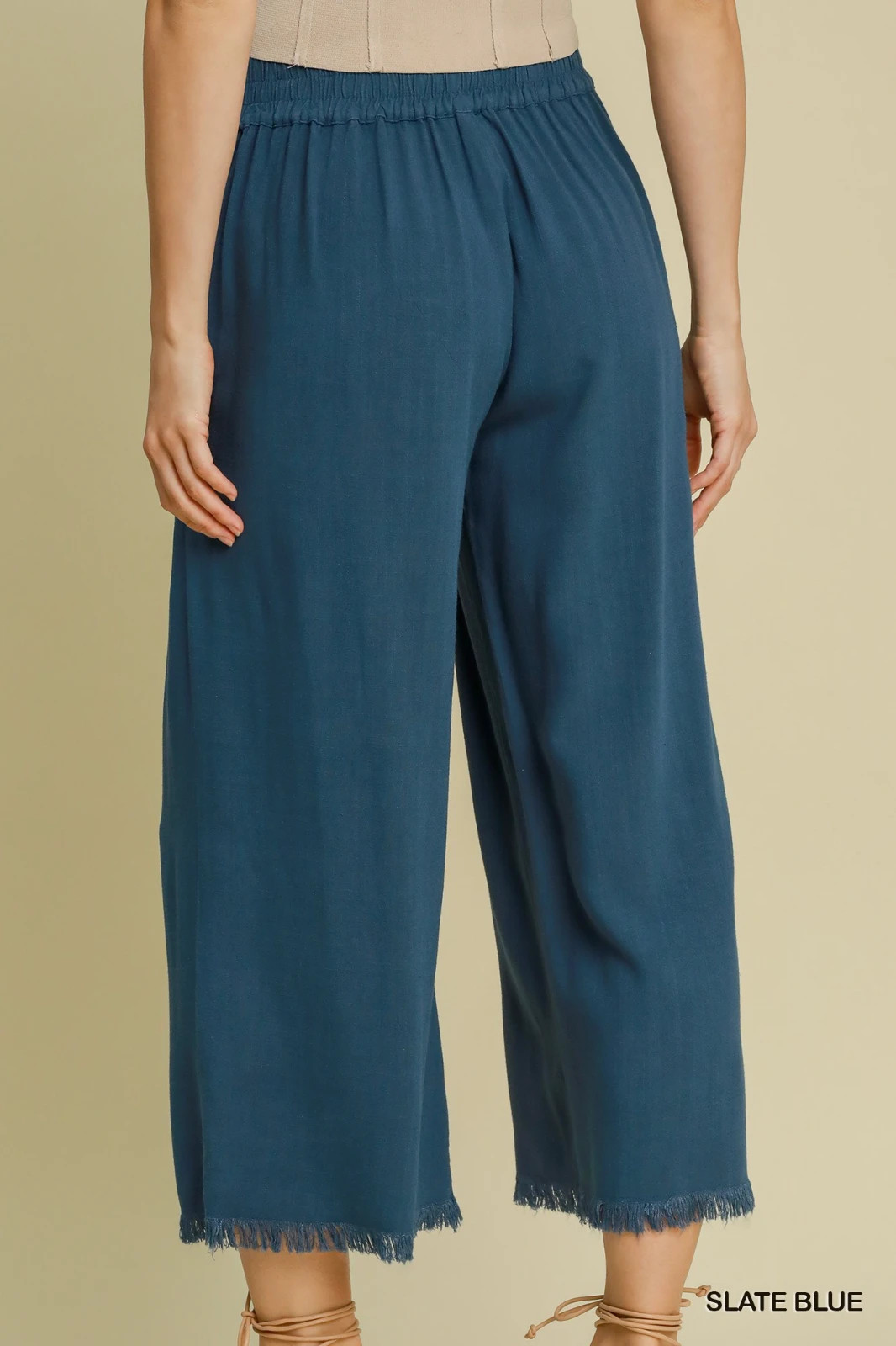 Umgee Slate Blue Frayed Hem Wide-Leg Linen Blend Pants with Pockets