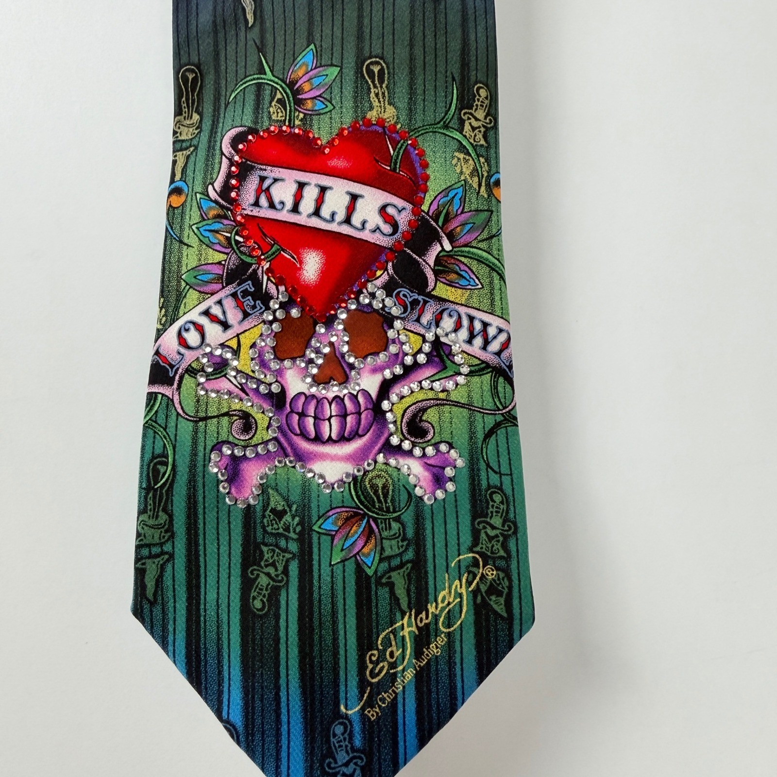 Ed Hardy Love Kills Slowly Rhinestone Silk Tie Christian Audigier Y2K