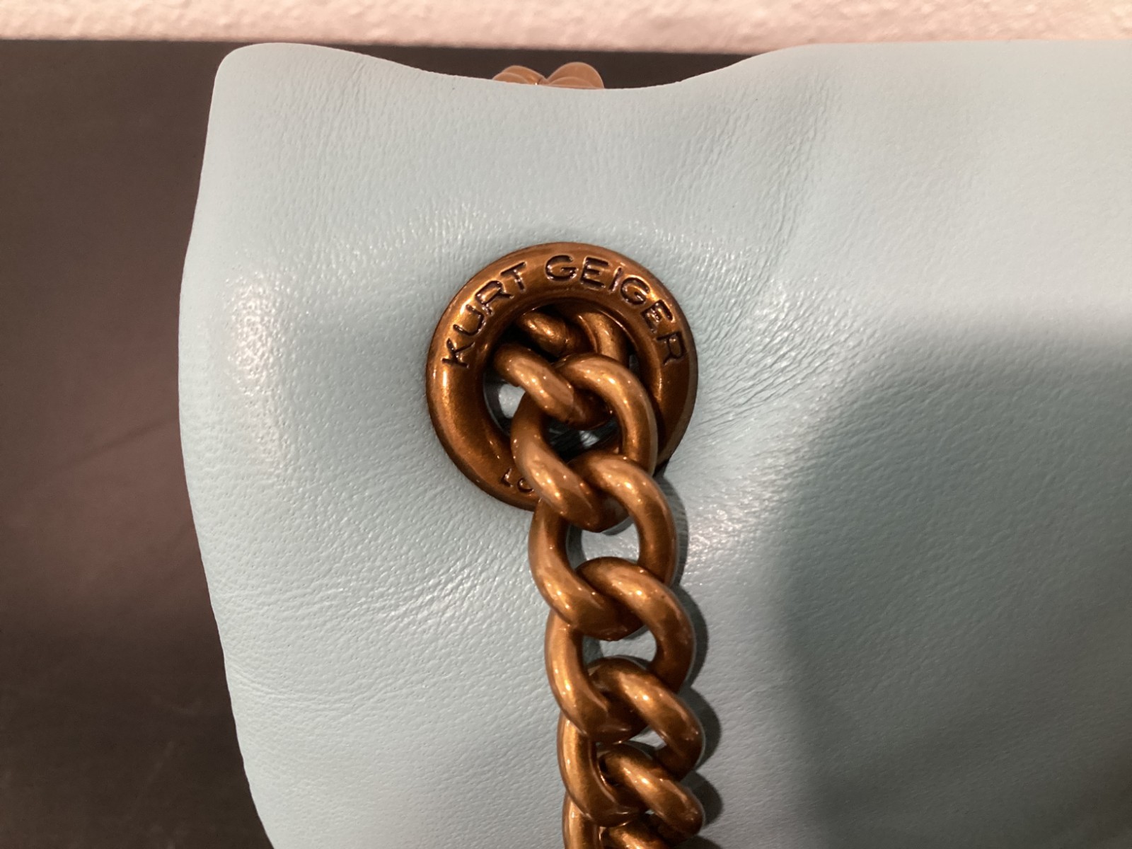 Kurt Geiger Mini Kew 7.75″ x 5″ x 2.5″ Soft Leather Mid Blue Antique Brass New