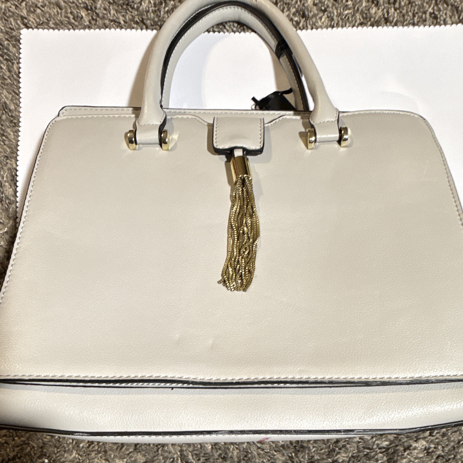 Women’s Medium Beige Satchel Top Handle Bag, Gold Hardware, Tassel Charm, Zip
