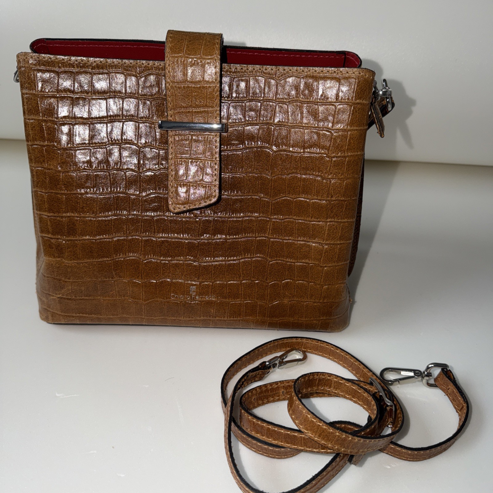 Chiara Ferretti Cognac Croc-Embossed Leather Crossbody Multi Strap Italy