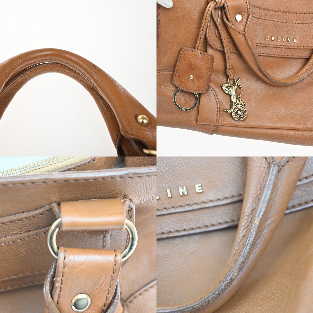 CELINE Logo Boogie Horse Carriage Hand Bag Leather Brown GHW Italy 32MA264