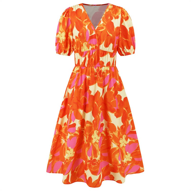 Fashion Summer Women’s V-neck Bohemian Printing Dress A-line Skirt 2024