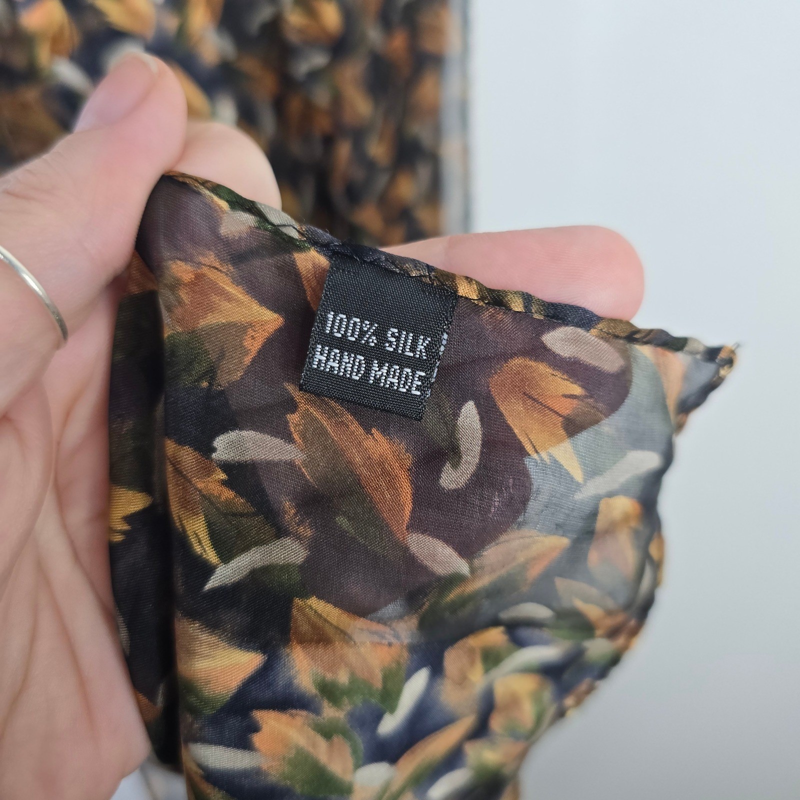 Stonehenge Scarf 100% Silk Handmade Leaf Print Black Brown Womens