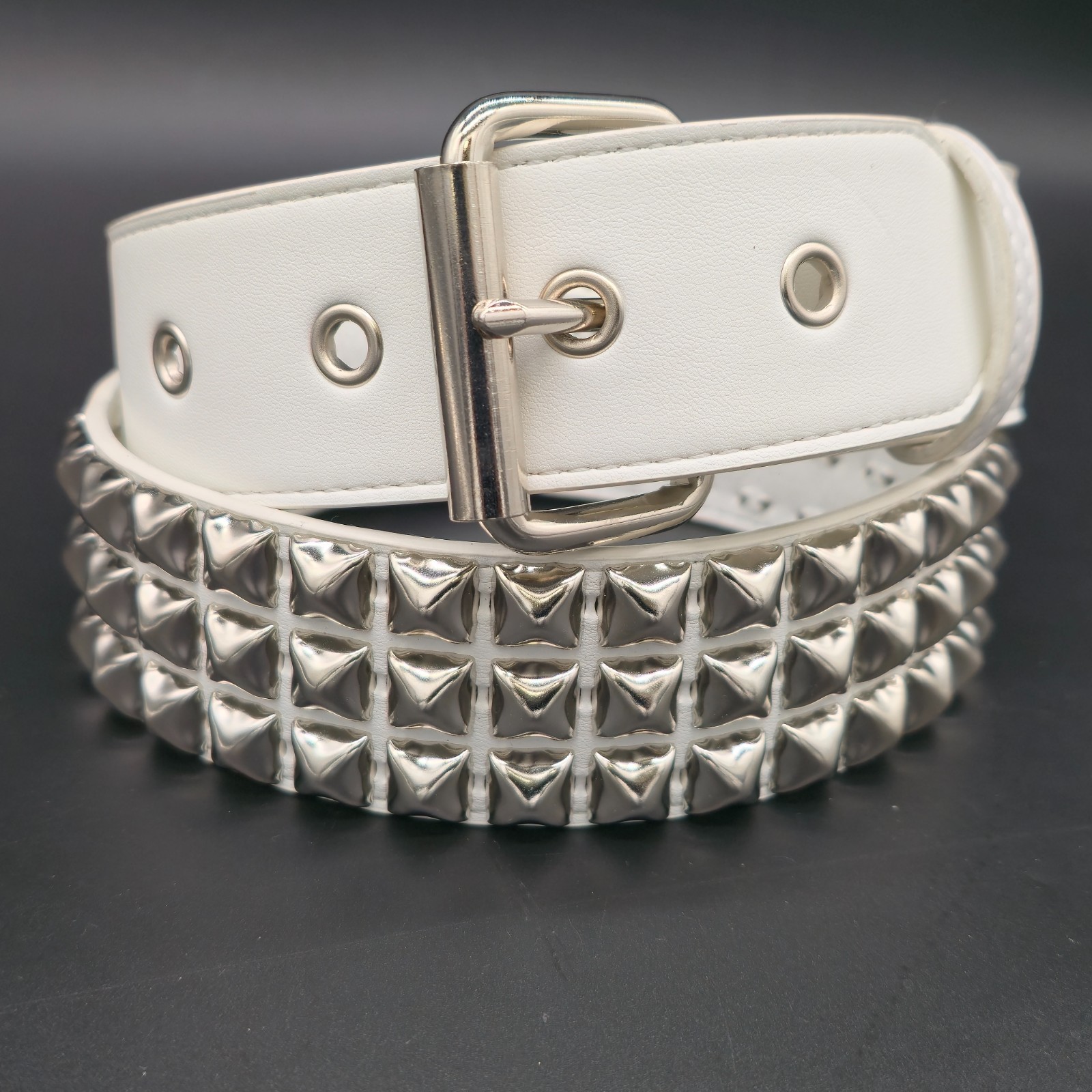 White Vegan Leather Three Row Pyramid Stud Belt Punk Goth Metal Funk Plus