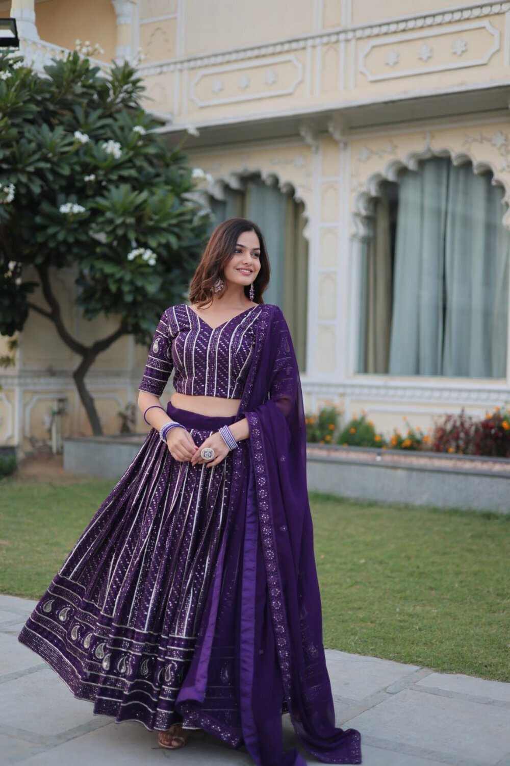 Purple Designer Dyeable Pure Viscose Jacquard fabric Lehenga Choli & Dupatta Set