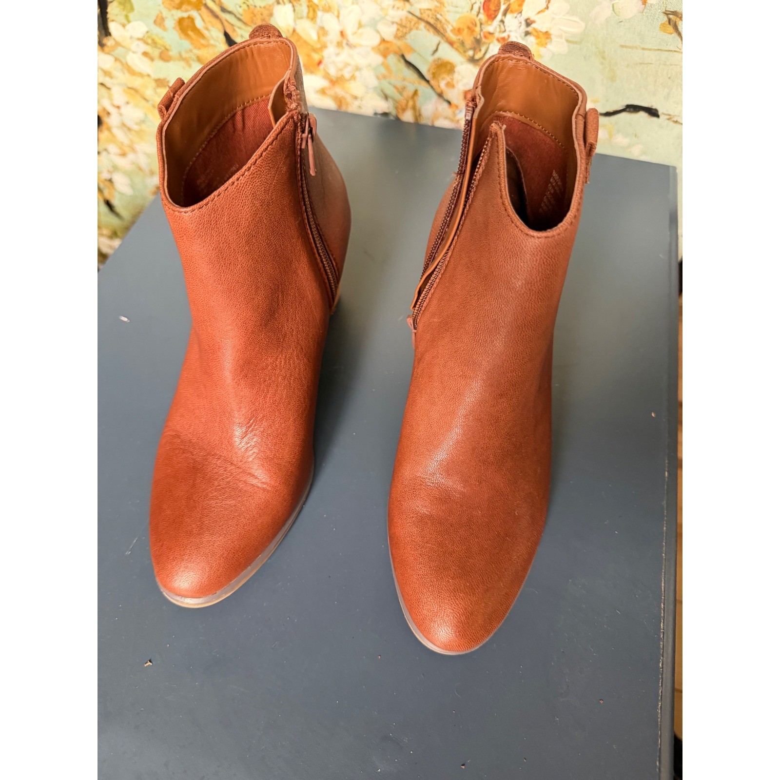 Bass Womens Ankle Boots Cognac Brown Leather Side Zip Block Heel Booties