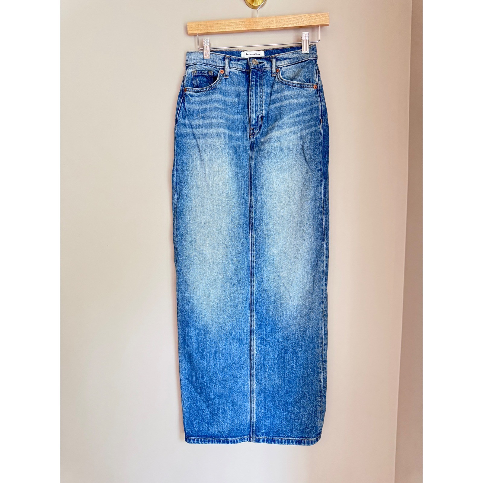 Reformation Daria Ultra High Rise Denim Maxi Skirt Medium Wash Blue Size 26
