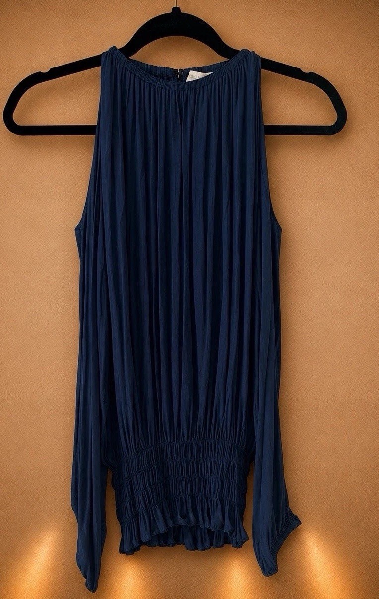 New RAMY BROOK Navy Blue Ruched Waist Lauren Cold Shoulder Top Blouse Sz XS $295