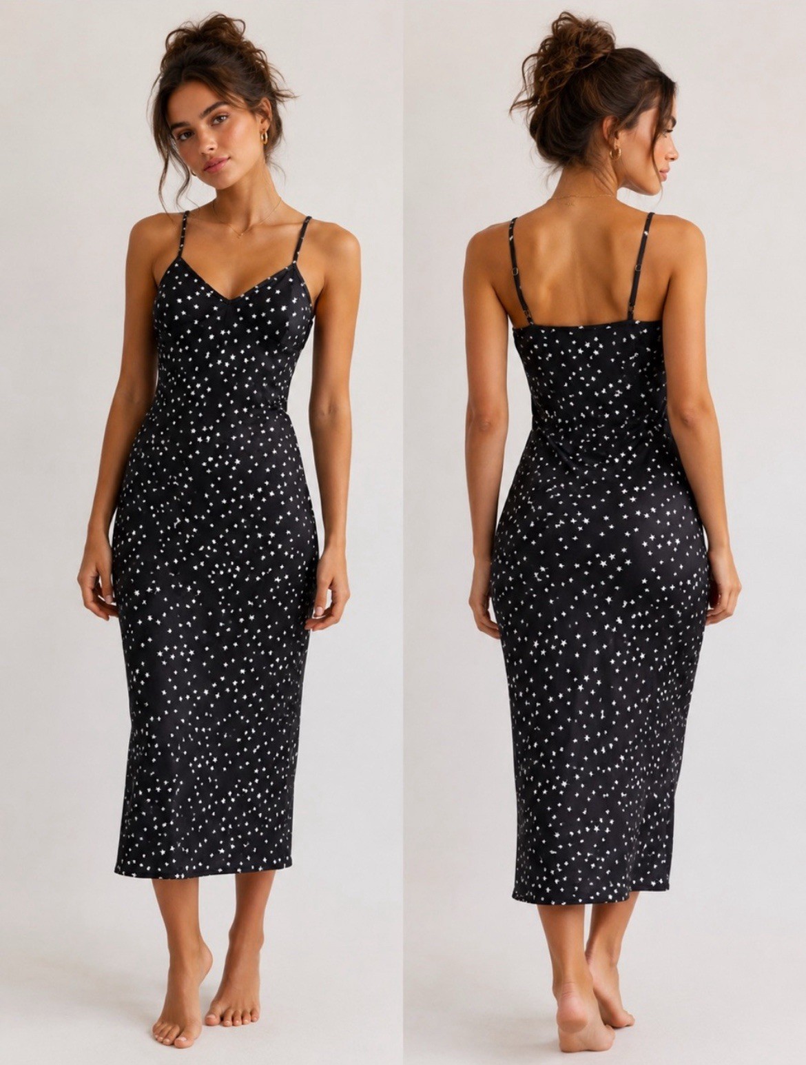 Lioness Black/White Star Print Satin Slip Midi Dress Size Small