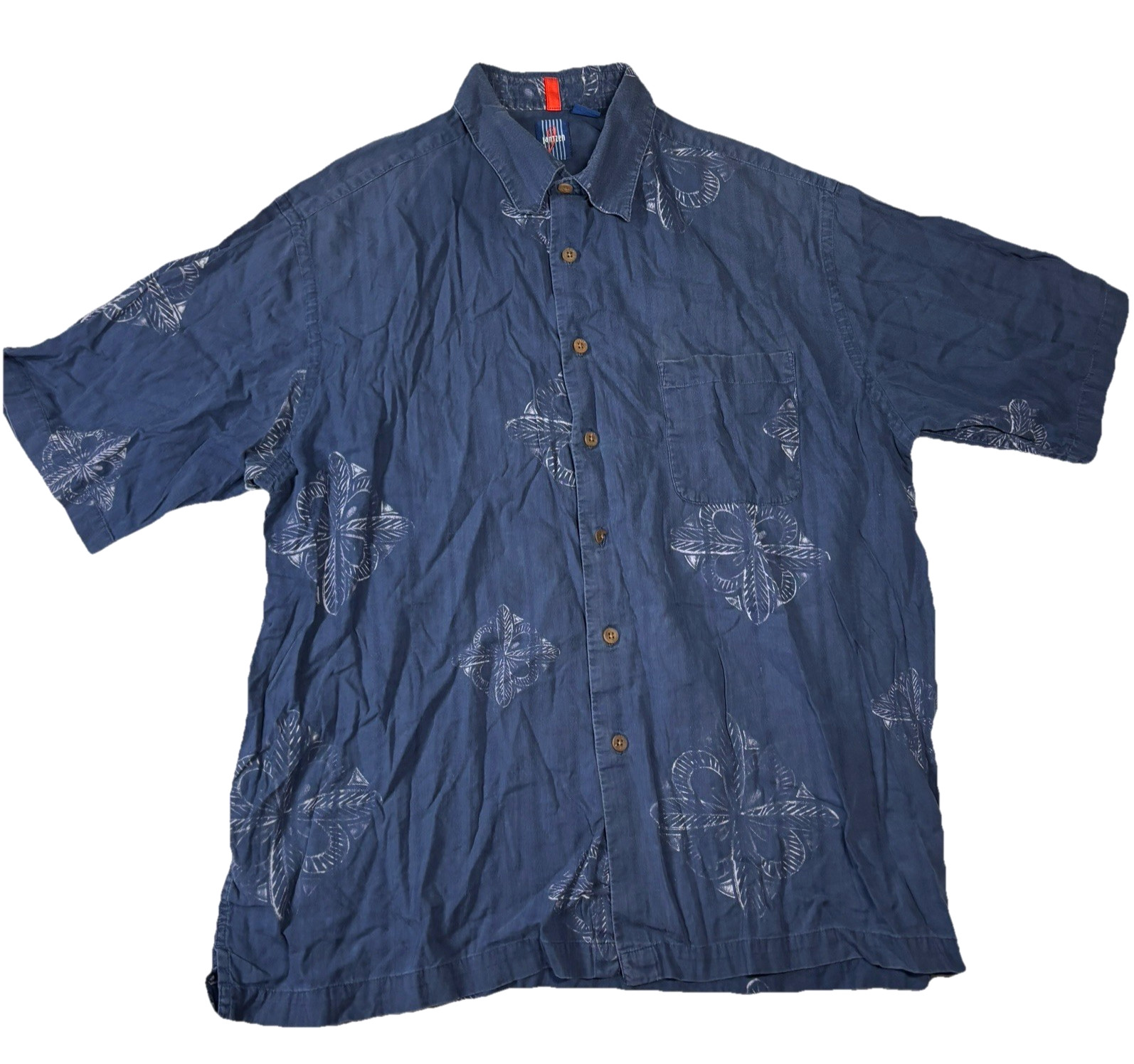 Vtg Jantzen ButtonUp Nautical Blue Hawaiian Short Sleeve Batik AOP Camp Shirt XL