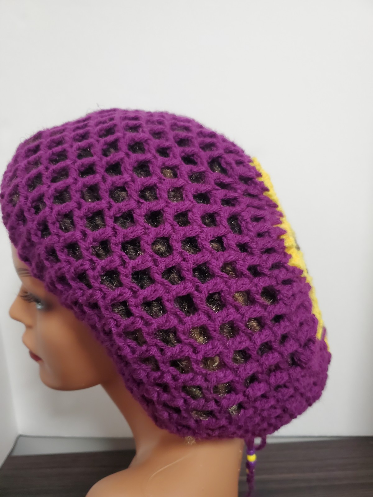 Crochet Flower Tam Slouch Hat With Drawstring Handmade One Size Dreadlock Beanie