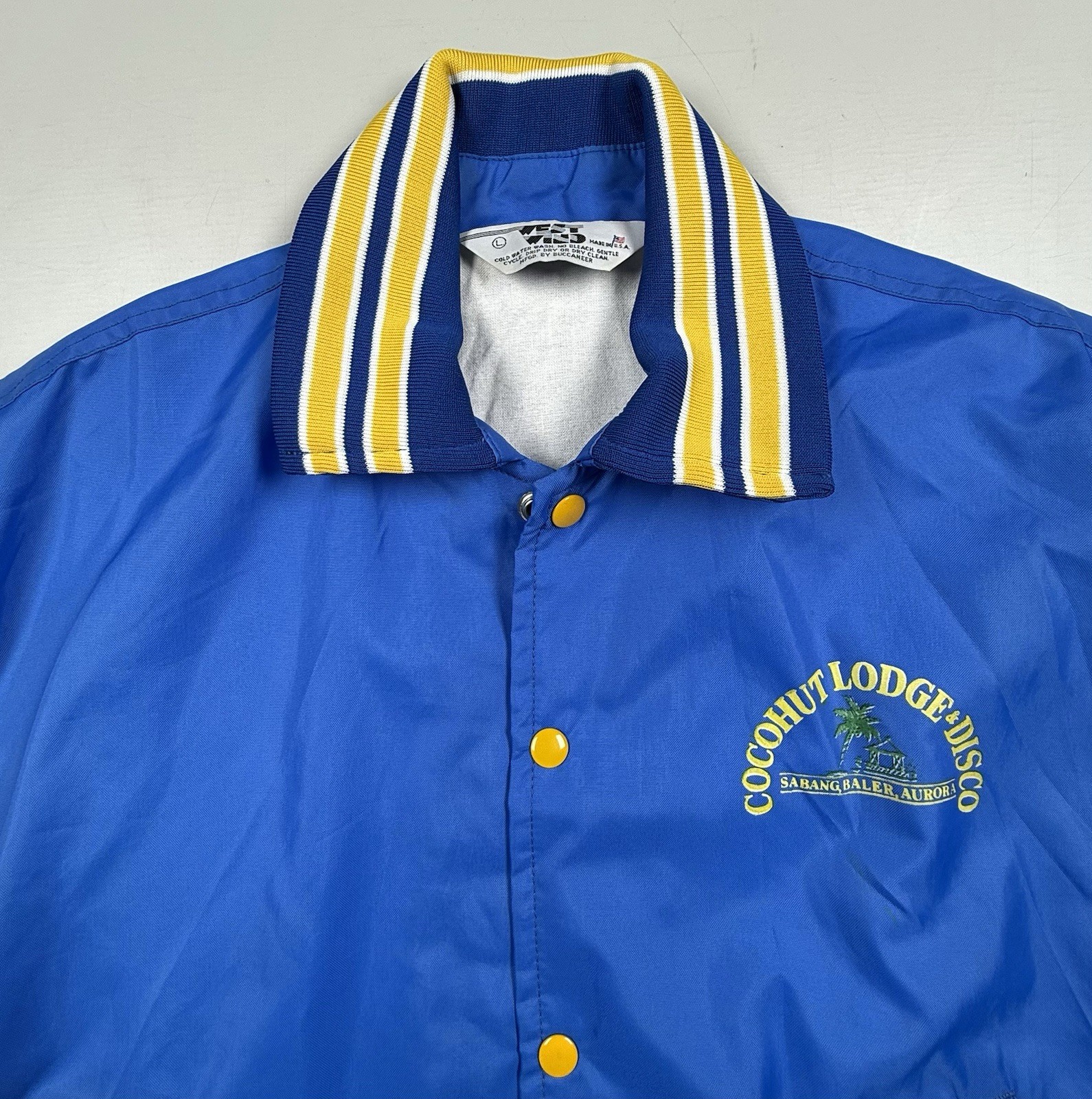 Vintage 70’s “COCOHUT LODGE & DISCO” ( Philippines ) Snap Jacket Blue Gold Sz: L