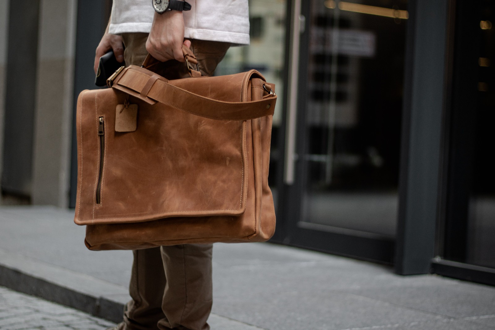 Leather laptop briefcase messenger bag for men