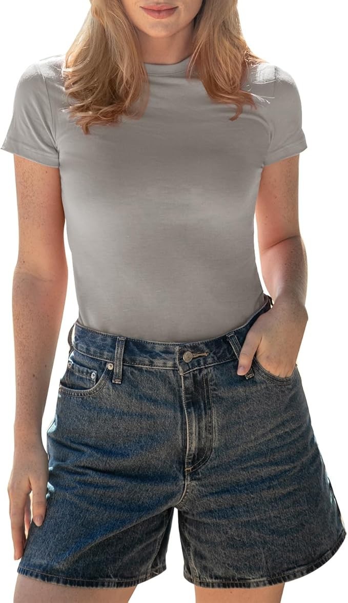 BAMBOO COOL Womens Skin-Tight Soft T-Shirt Short Sleeve Slim Fit Size L Gray