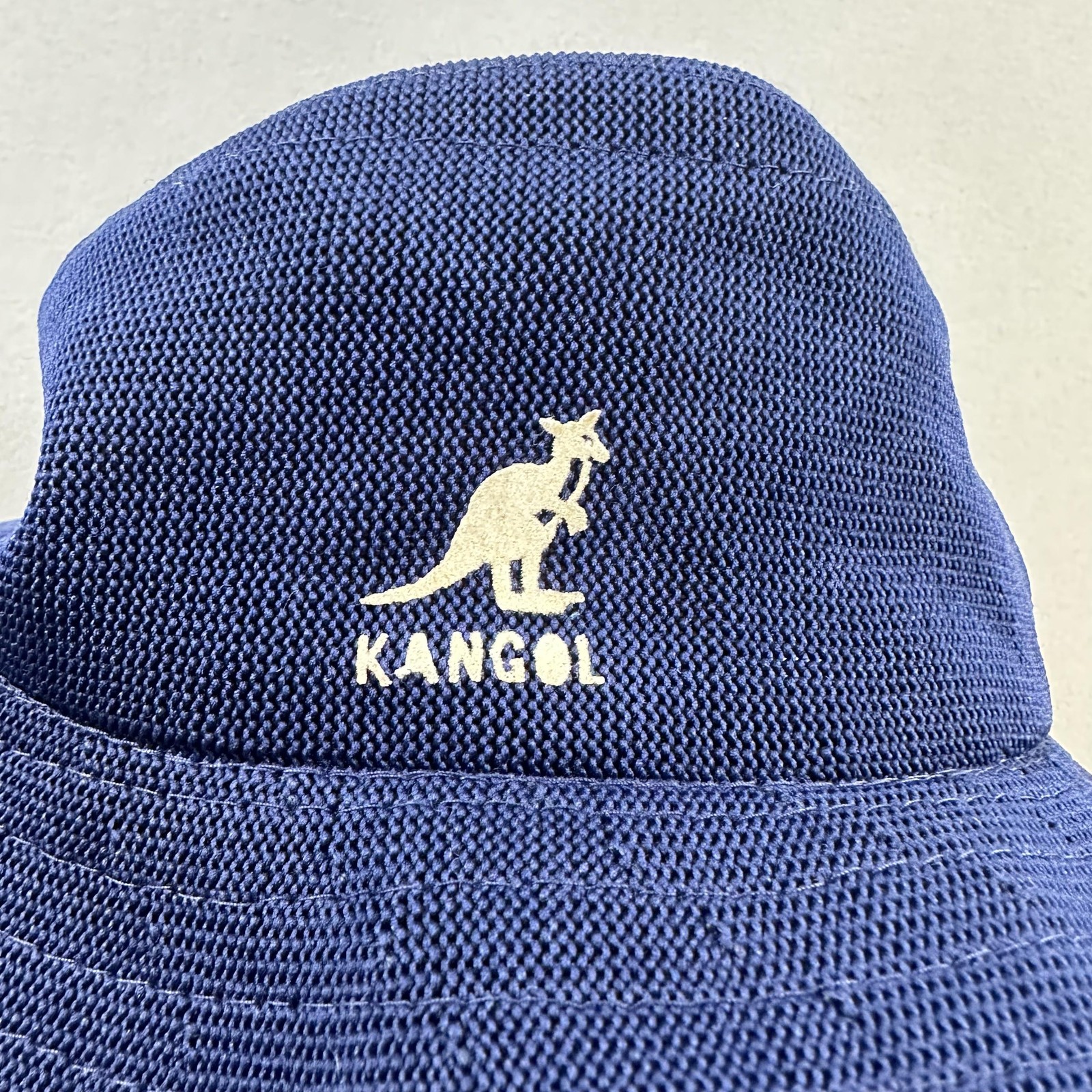 Vintage Kangol Bucket Hat Cap 7-1/8 Navy Blue Tropic Kangaroo Logo Woven 90s