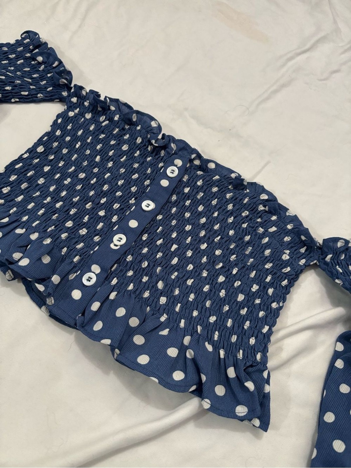 Skylar + Madison Navy Blue Polka Dot Off-Shoulder Smocked Crop Top