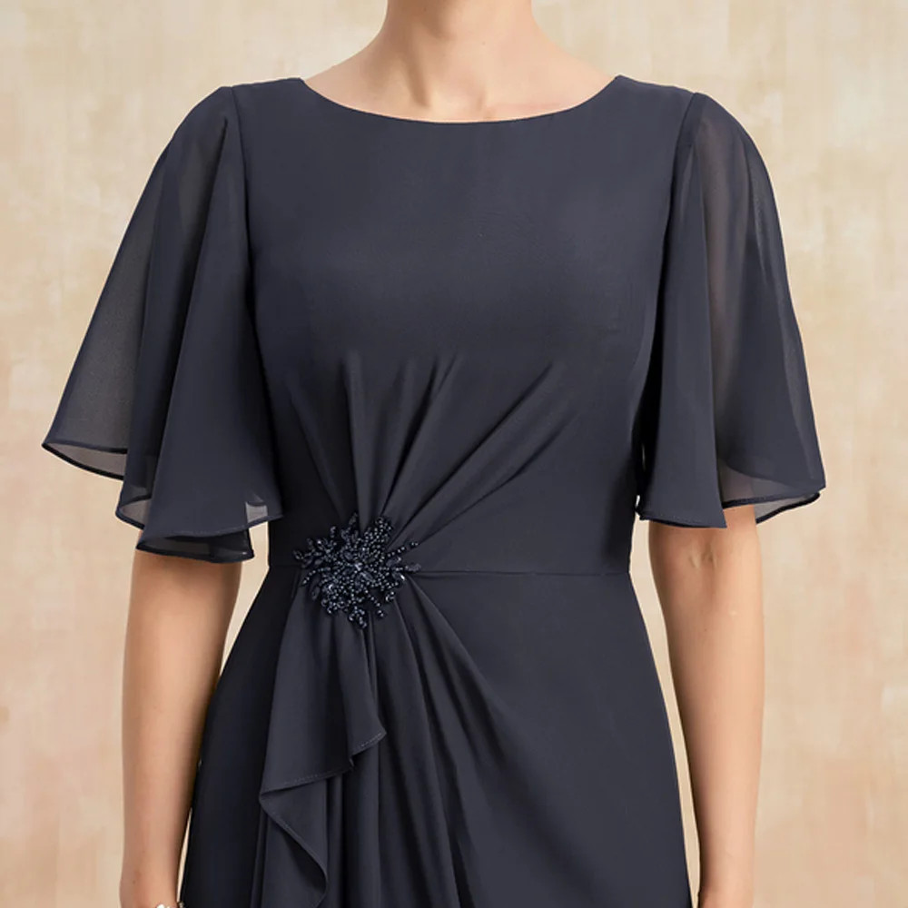 Navy Blue Scoop Mother of Bride Dresses with Chiffon Half Sleeve Wedding