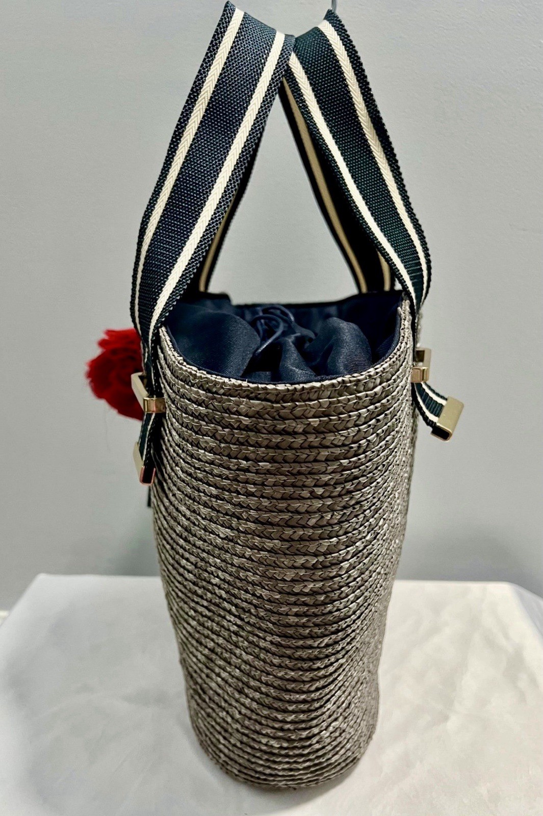 Lanvin Blue And Gray Straw Handbag With Red Flower Accent, Medium Size
