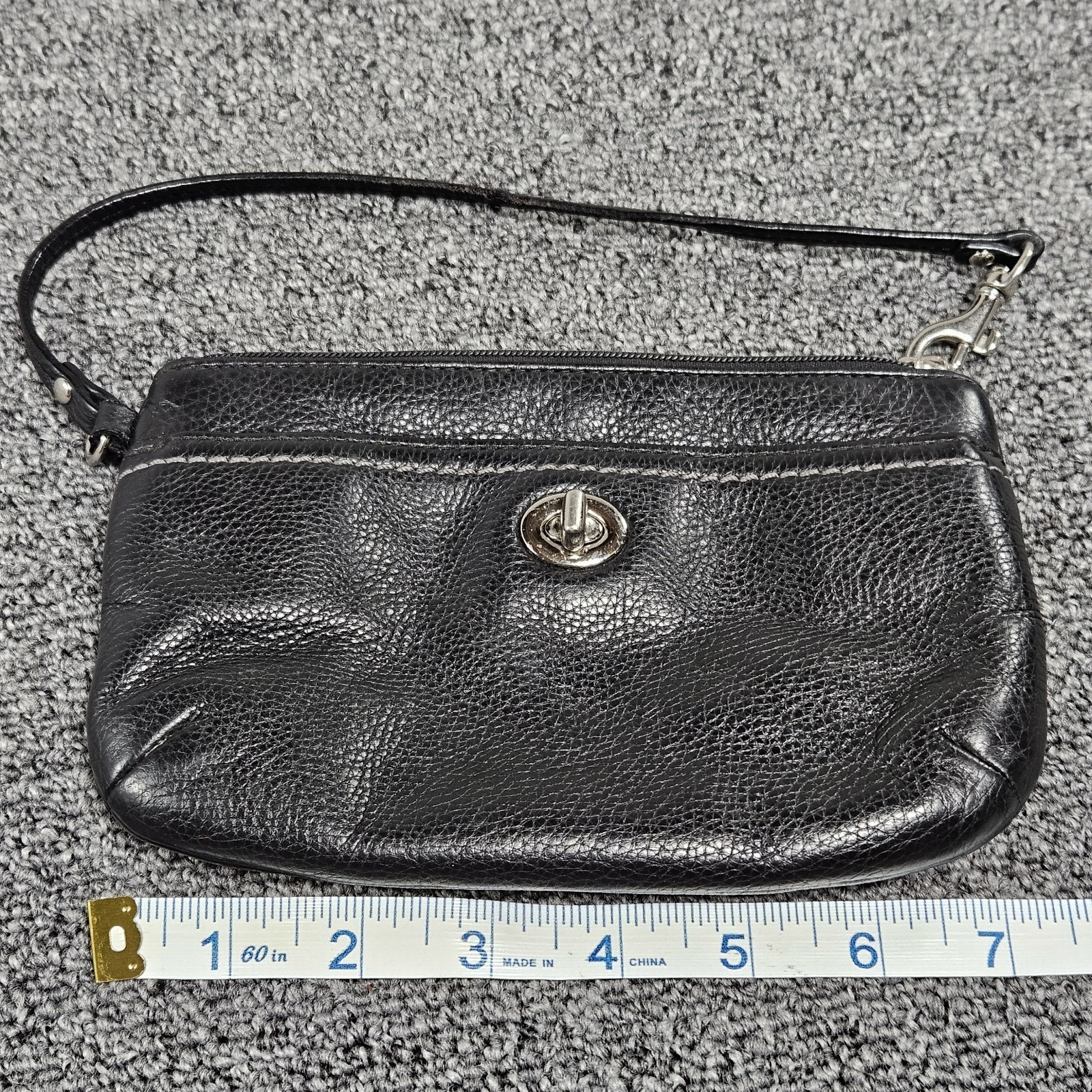 Black Pebbled Leather Turnlock Wristlet Zip Top Clutch Bag with Teal Lining
