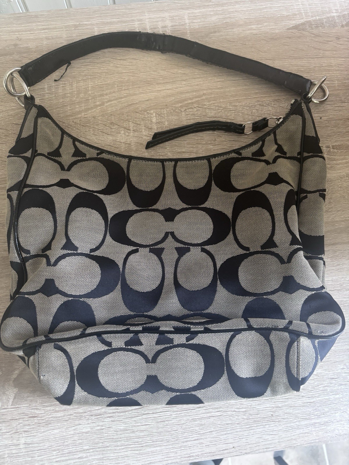 Coach Signature Stripe Hobo Shoulder Bag Khaki Black Canvas Leather F21873