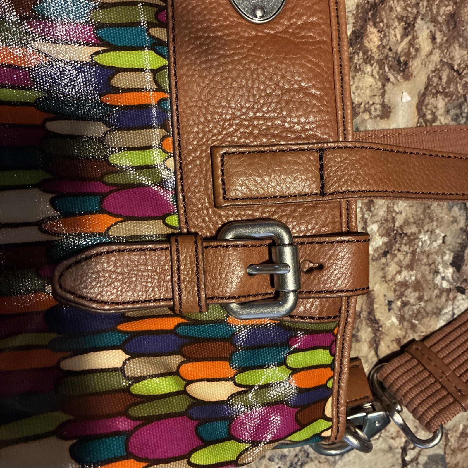 Fossil Key-Per Multicolor Stripe Coated Canvas Leather Shoulder Bag 13×11.5×4