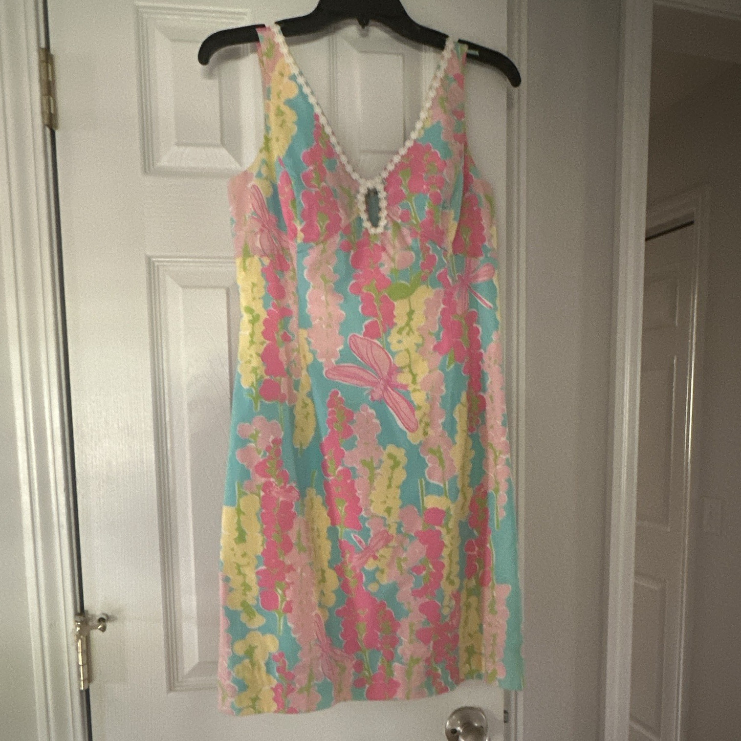 Lilly Pulitzer Floral Sheath Dress Sleeveless Lace Trim Knee Length Size 4