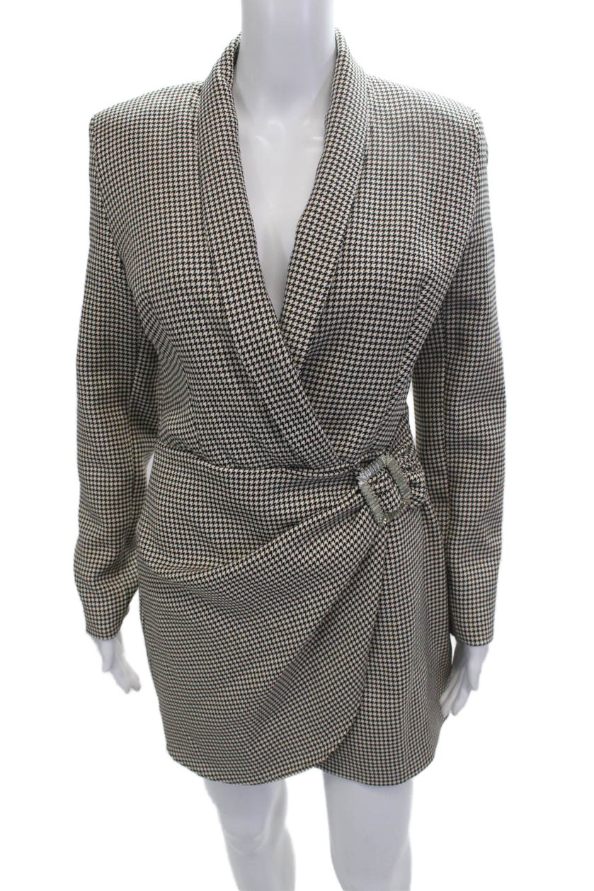 Zara Womens Black Check Polyester Blazer Long Sleeve Above Knee Size M