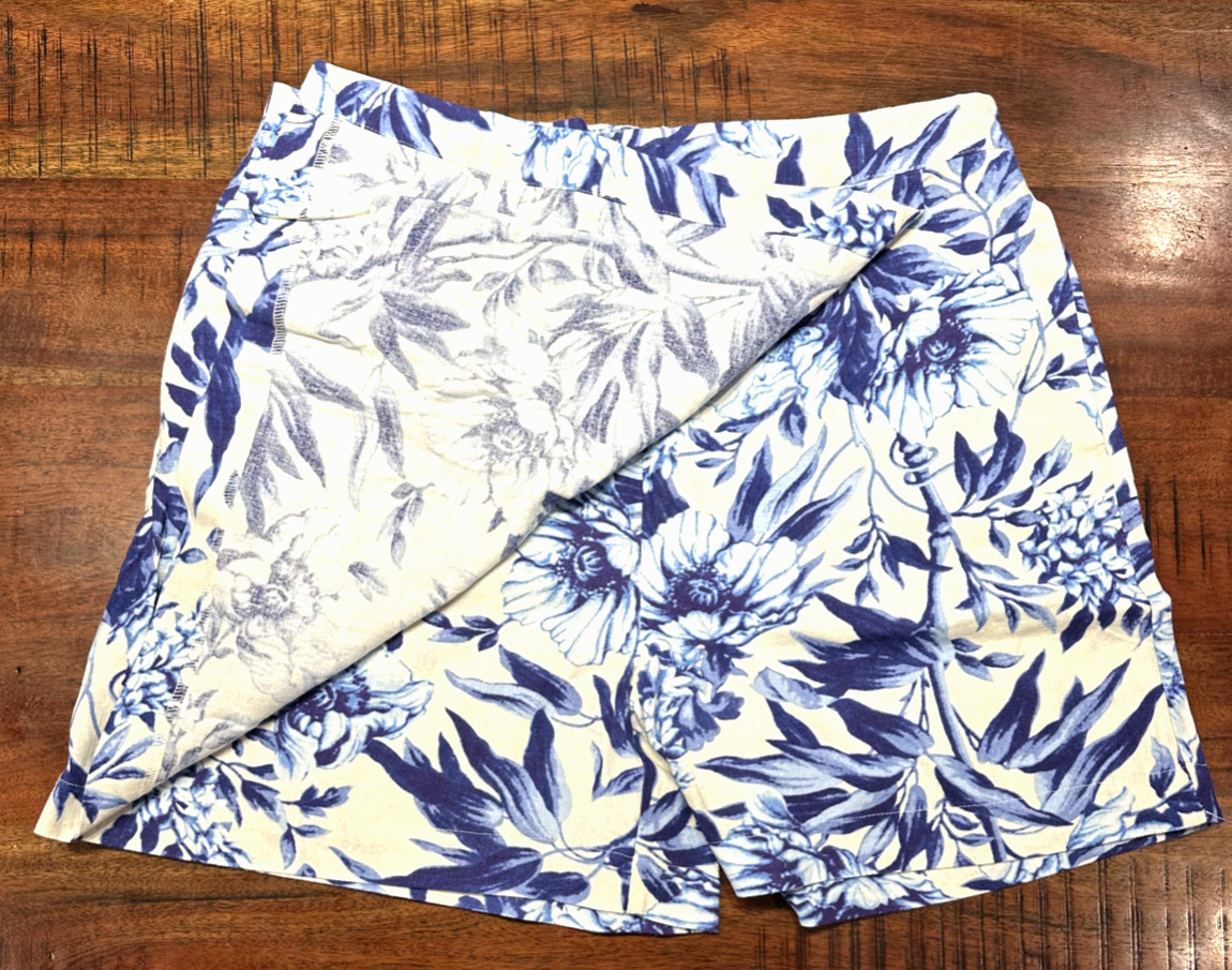 Womens Ellen Tracy Skort Blue Floral Linen Blend Choose Size