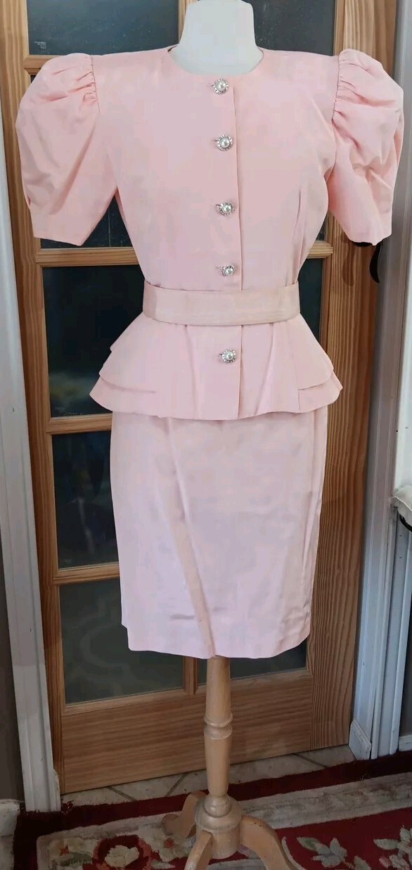 Vintage 80s Skirt Set Pretty In Pink Peplum Belt Bow Puff Sleeve Pantagis Sz 12P