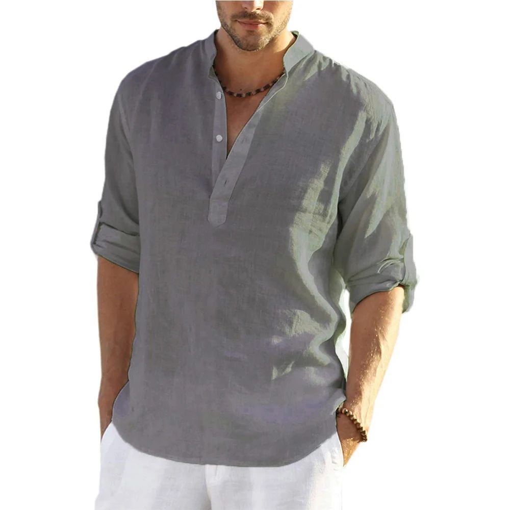 Men’s Cotton Linen Shirt Stand Collar Long Sleeve Casual Pullover Top