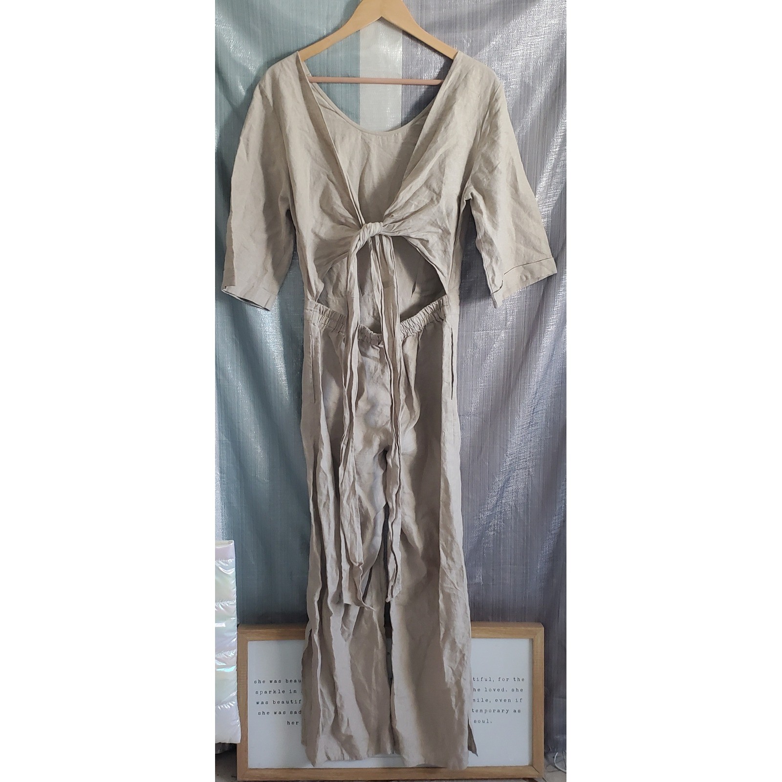 Cloth & Hide Beige 100% Linen Tie Back Cutout Wide Leg Jumpsuit Womens Size 8