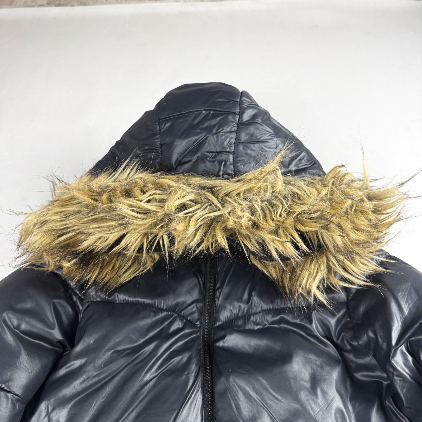 Mens Vintage Blue Puffer Jacket Faux Fur Hood Winter Bubble Coat Y2K Streetwear