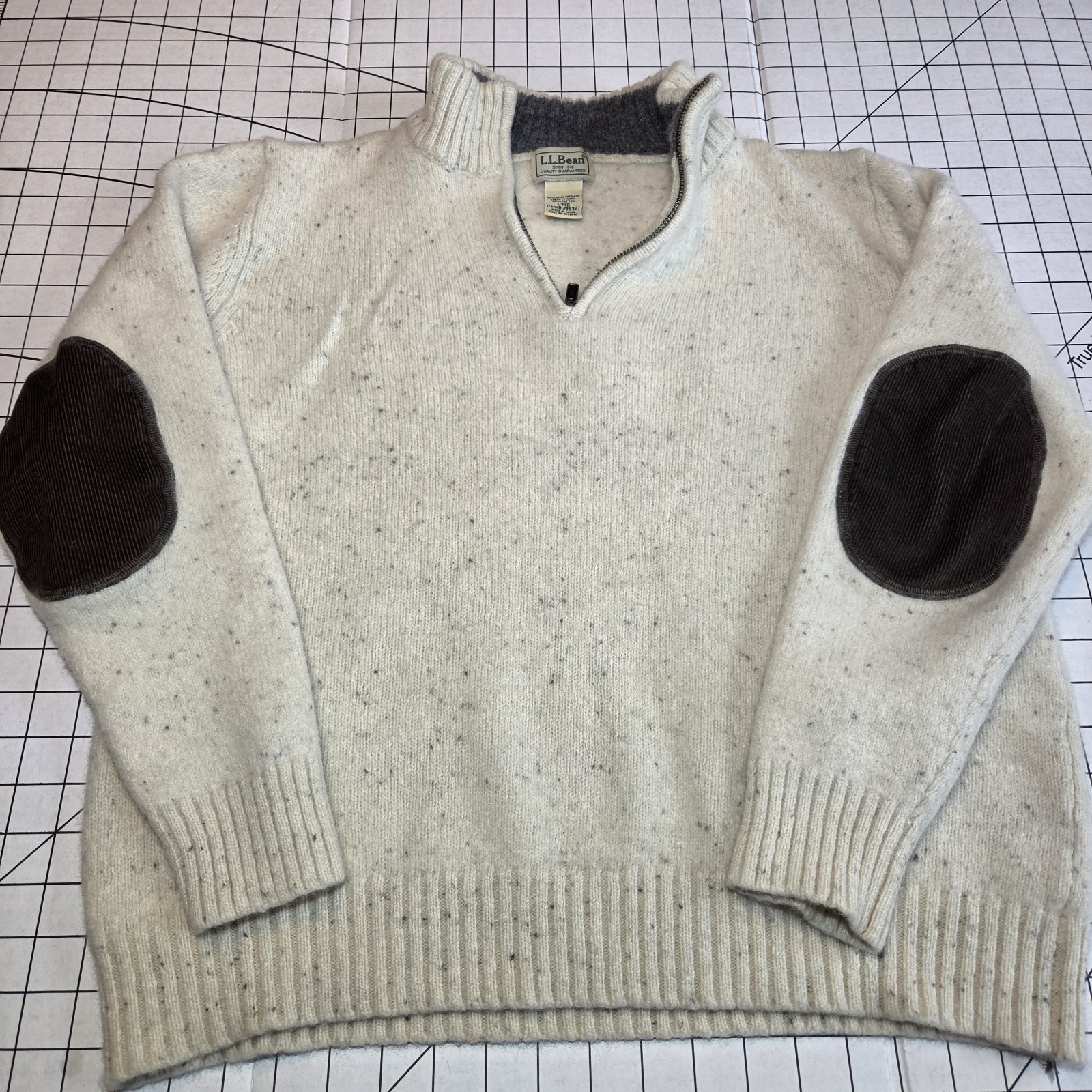 LL Bean 100% Shetland Wool 1/4 Zip Mens L (fits like a M) Speckled Ivory 285327
