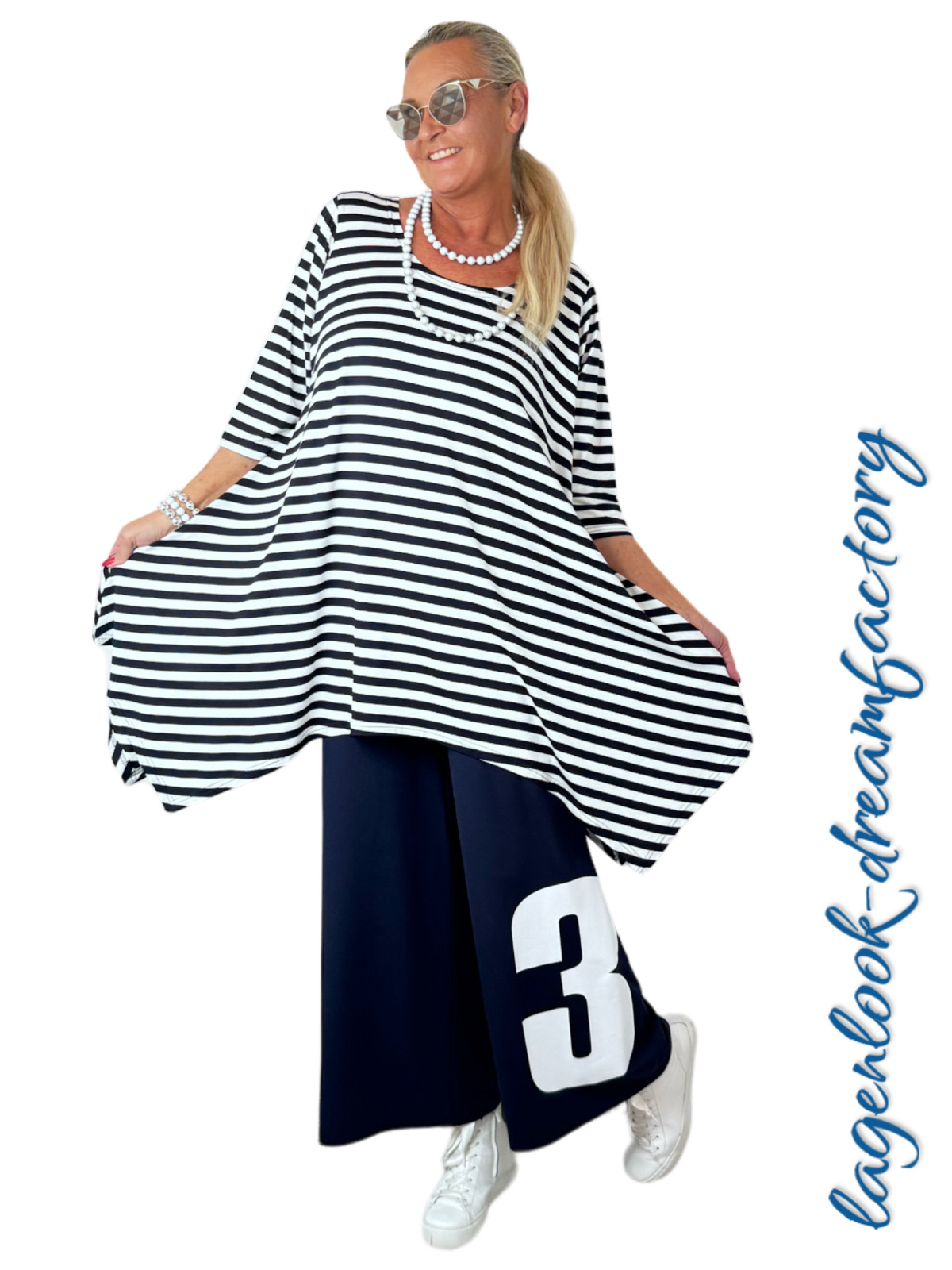 Layered Look A-Line Long Tip Tunic Navy White 5 Sizes 42 44 46 48 50 52 54
