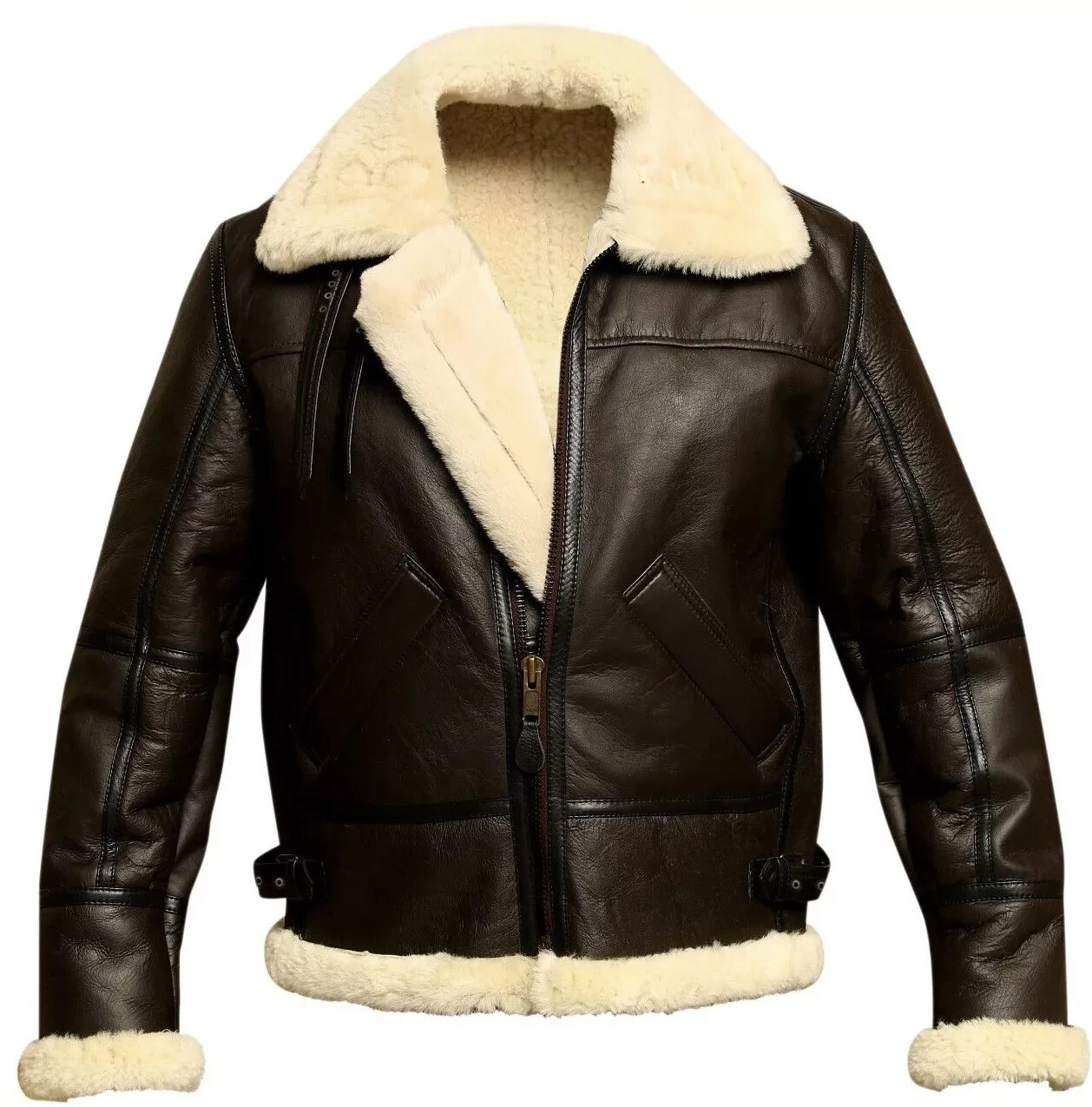 B3 Brown Bomber Aviator Pilot Real Shearling Sheepskin Leather Flying Jacket
