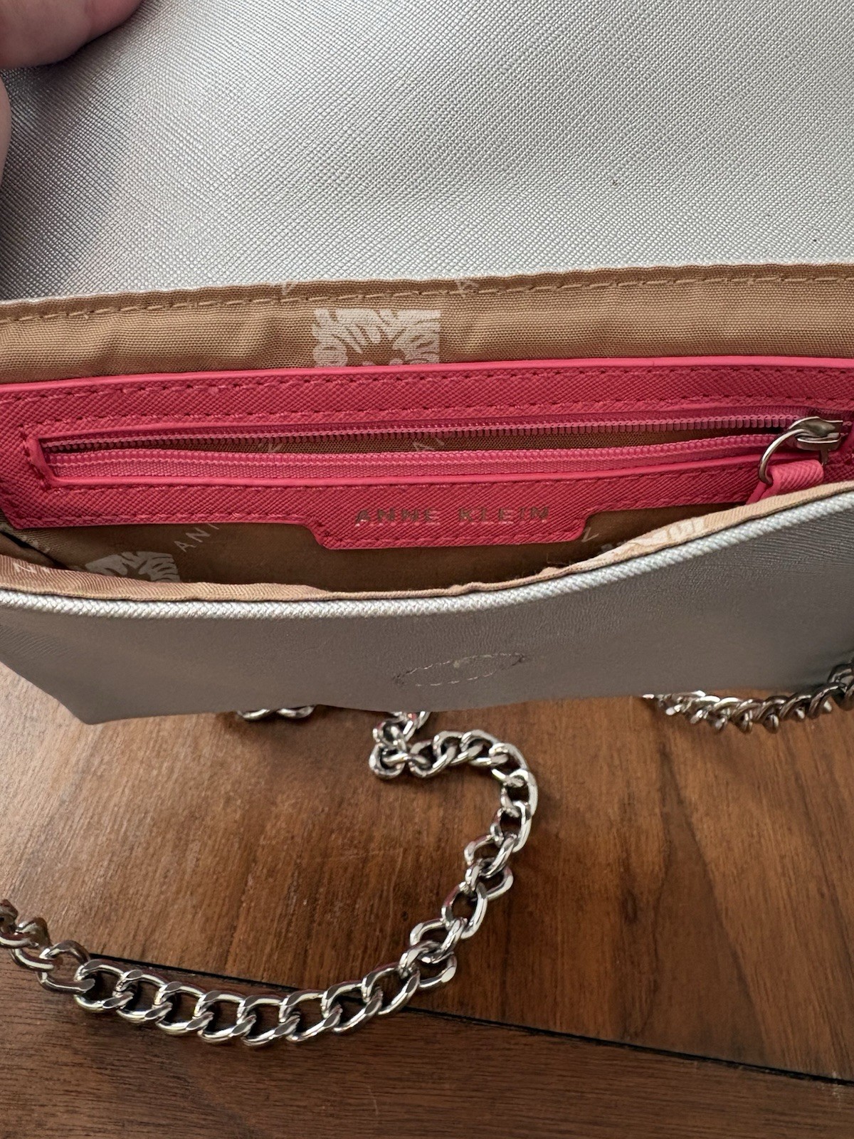 Anne Klein Large Pink Tote Bag w/ Silver Chain Strap Pocketbook Pouch