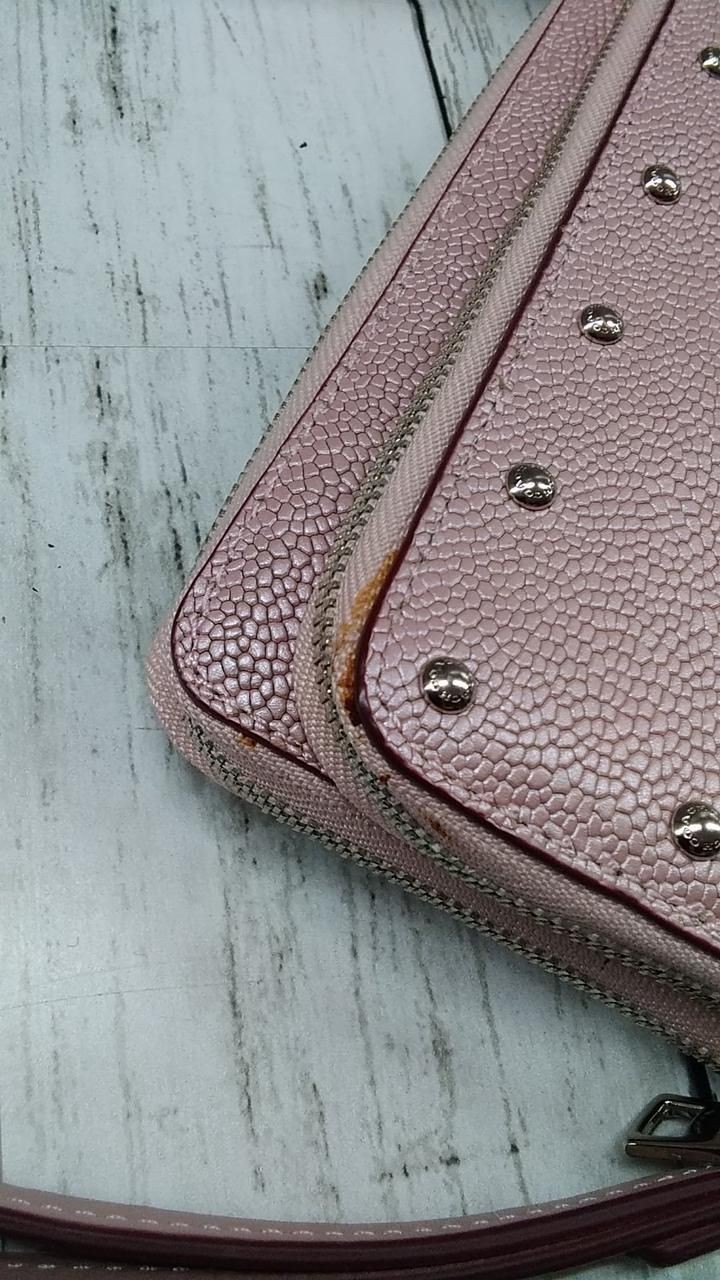 Coach Double Zip Round Wallet Pink × silver studs Used