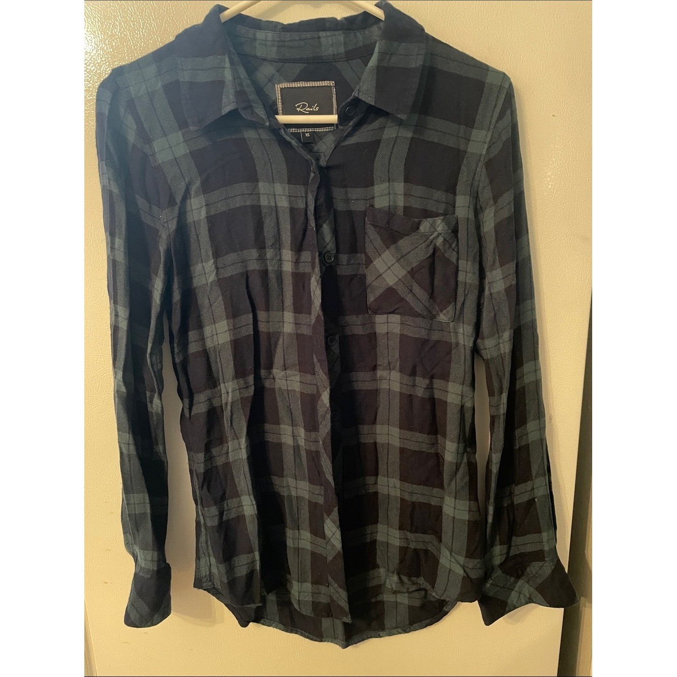 Rails XS 100% Rayon Black and Green Plaid Button-Down Shirt Everyday Comfort
