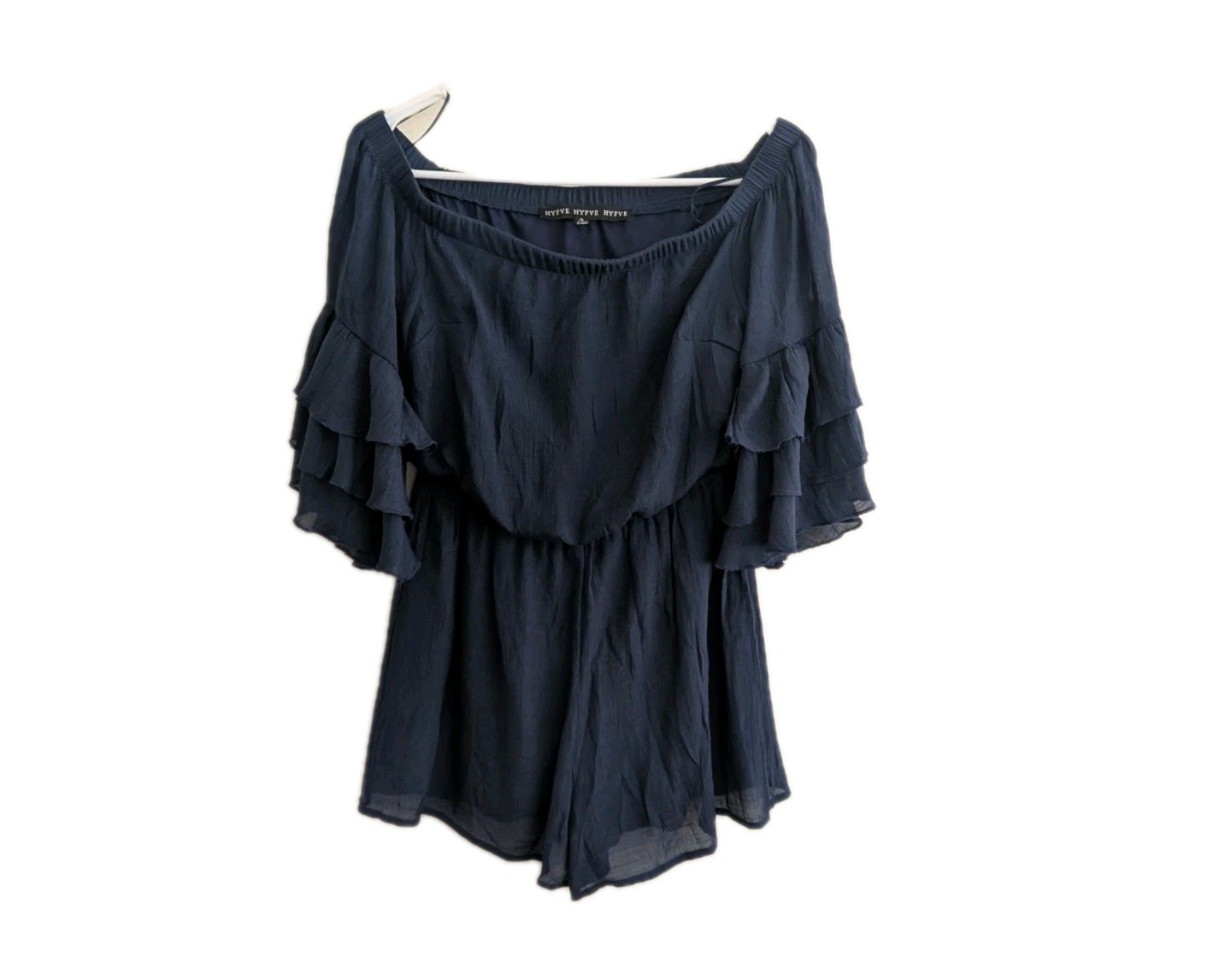 Hyfve Romper Small S Navy Blue Off Shoulder Tiered Ruffle Sleeve Boho Festival
