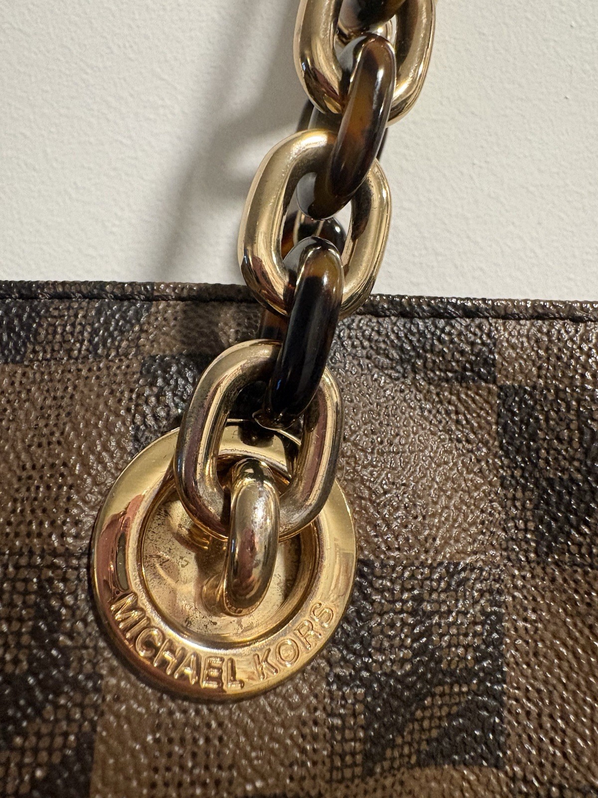 Michael Kors Brown Check Tote Bag Zip Closure Gold Hardware Chain Double Handles