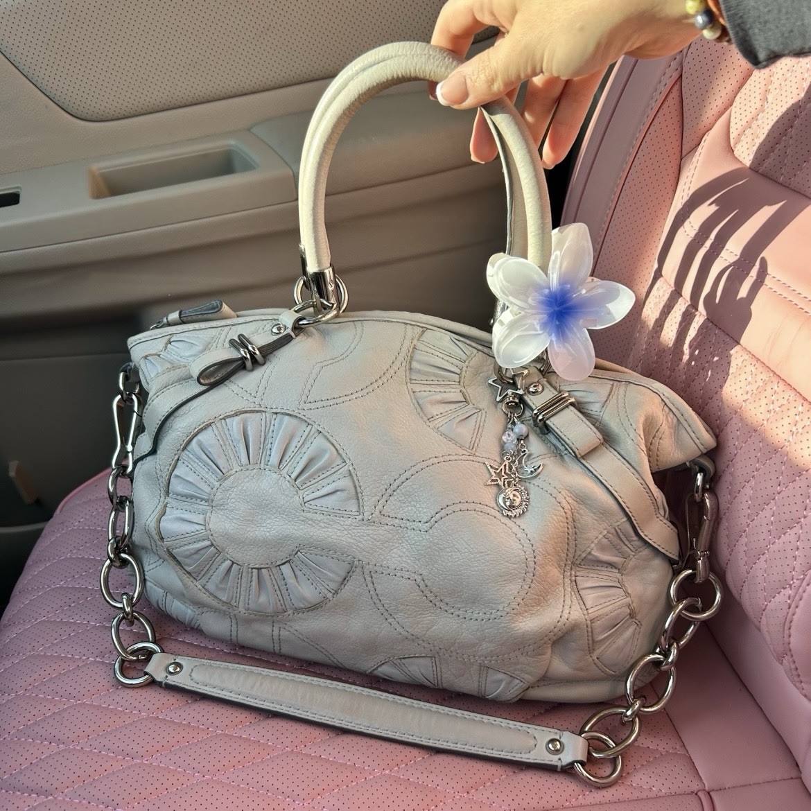 Coach Madison Sophia Leather Pleated C Hand Shoulder Bag Purse Chain Strap Grey